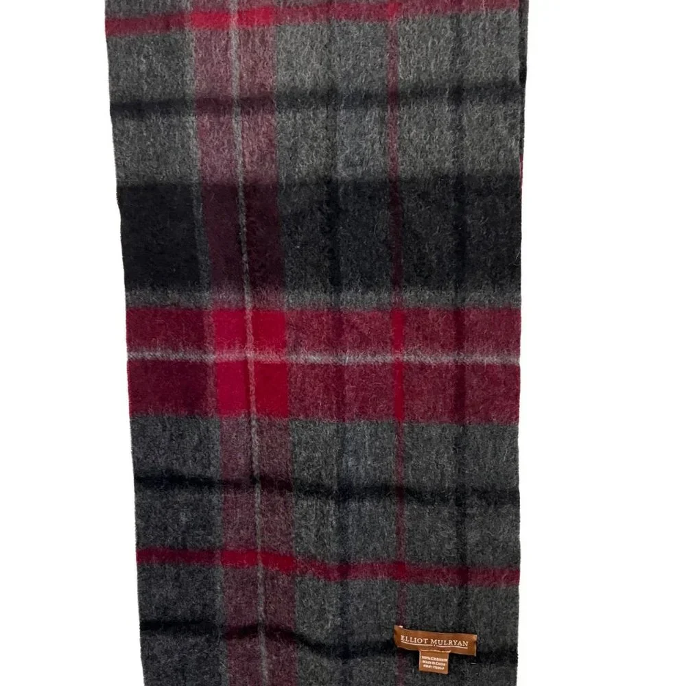 Elliot Mulryan Mens Gray Black Burgundy Plaid Cashmere Fringe Rectangle Scarf